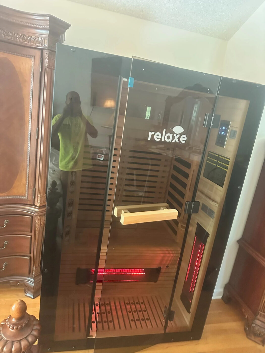 Infrared sauna set in place and ready for its first session