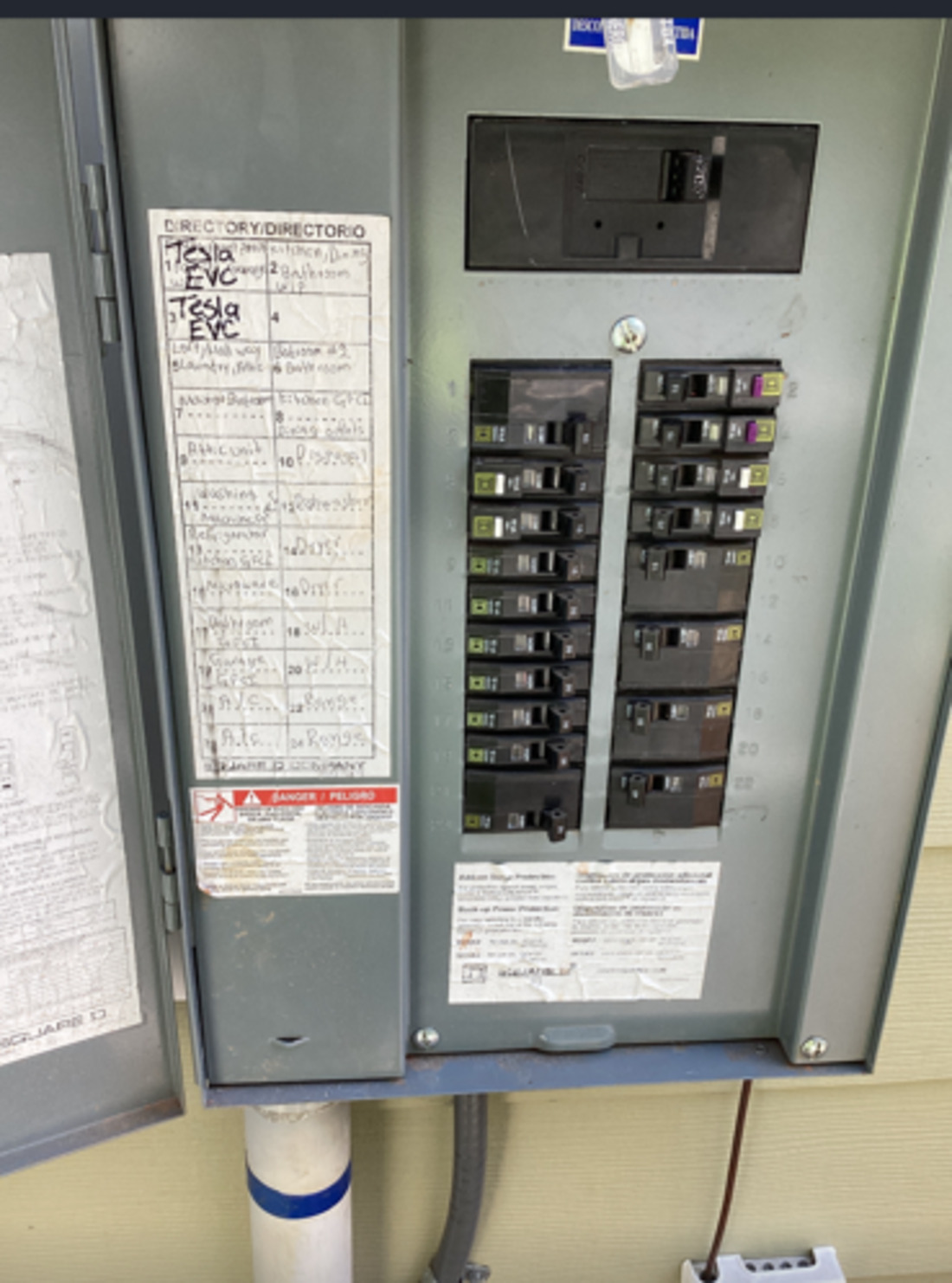 Two Tesla EV circuits added and labeled at the main panel